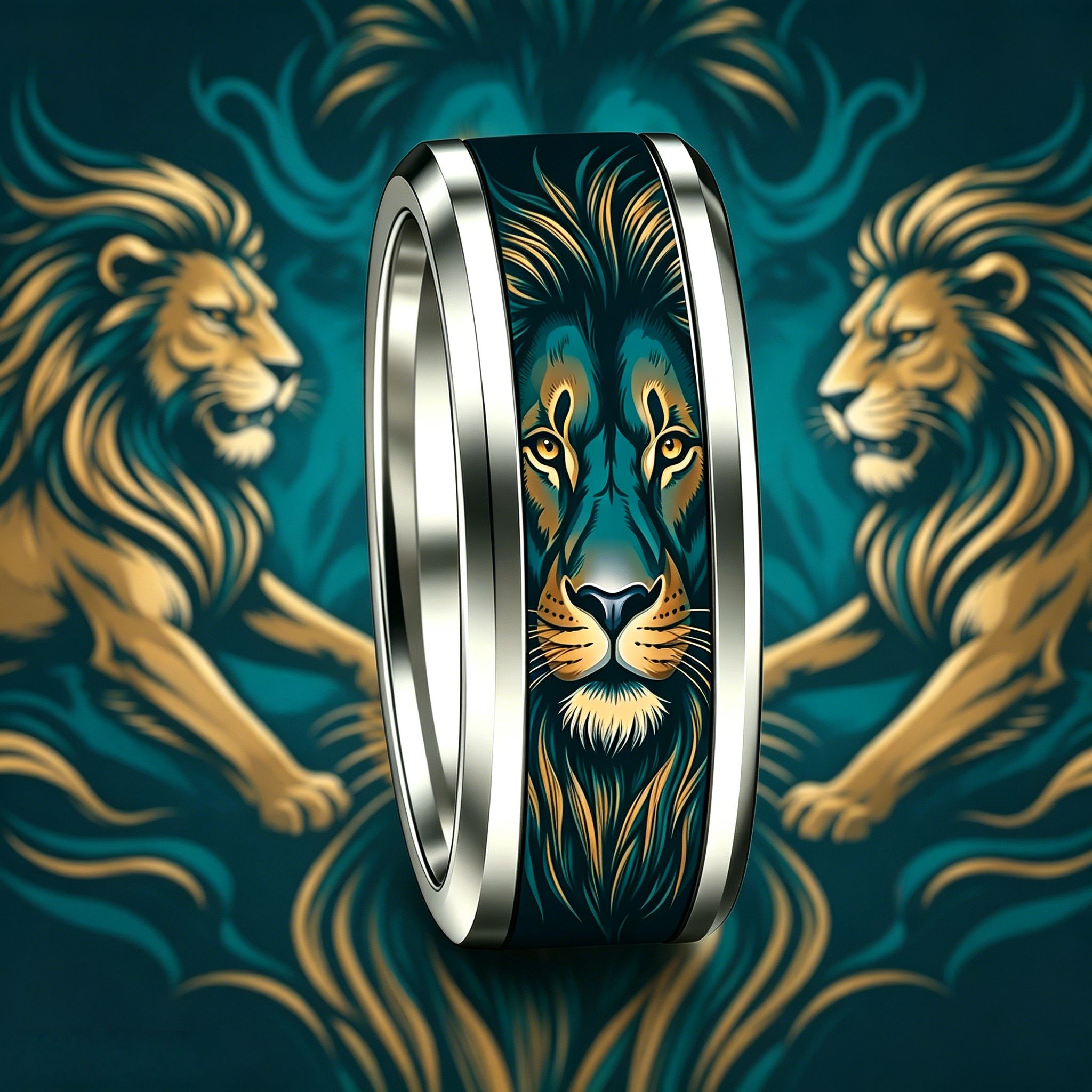 Deep Green Gilded Lion Head Stainless Steel Ring